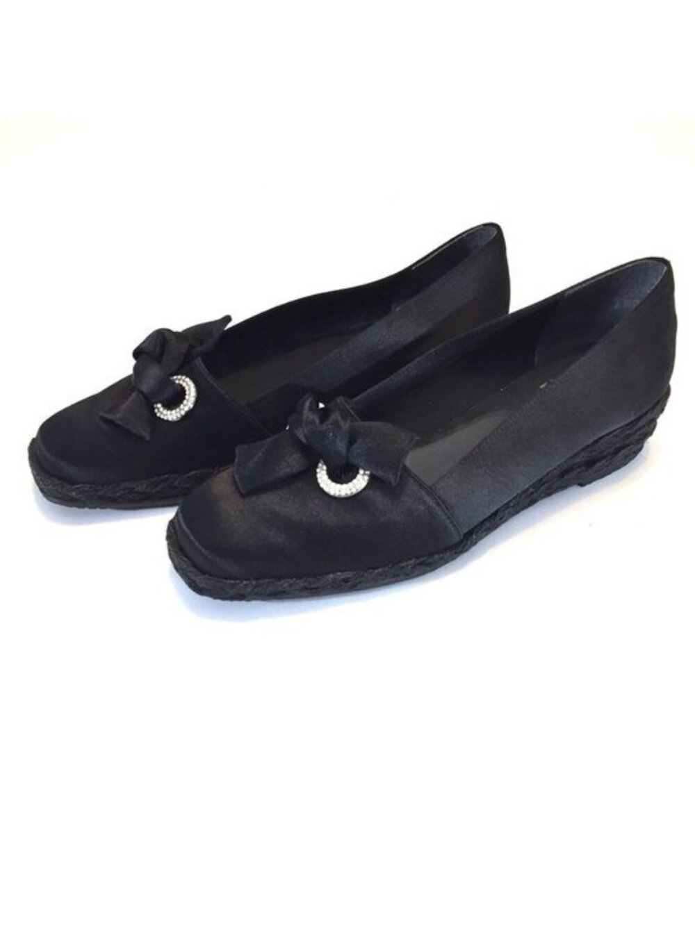 Stuart Weitzman Womens Wedge Espadrille Loafers Black Satin Bow Jewels size 5.5 - Picture 3 of 11